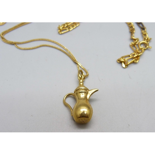 1008 - An 18ct gold charm on a fine 18ct gold chain, 3.8g, 49cm, and a scrap 9ct gold bracelet, 2.2g