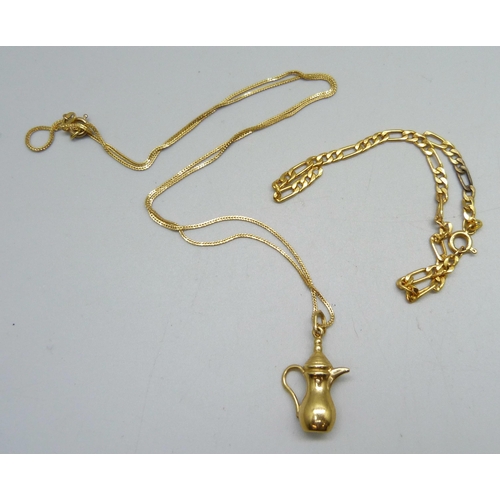 1008 - An 18ct gold charm on a fine 18ct gold chain, 3.8g, 49cm, and a scrap 9ct gold bracelet, 2.2g