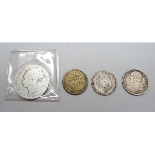 1011 - Four silver coins, one Georgian, two Victorian and one Italian 5 Lira