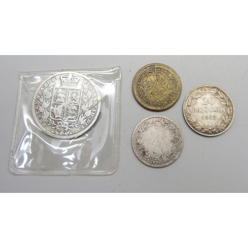 1011 - Four silver coins, one Georgian, two Victorian and one Italian 5 Lira