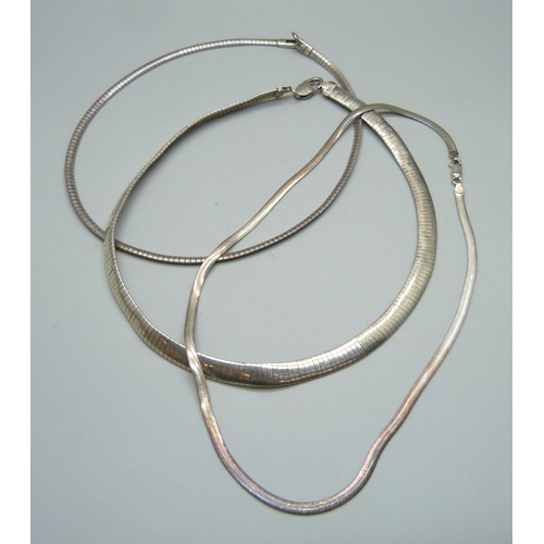 1012 - Three silver flat link snake chain necklaces, 55g