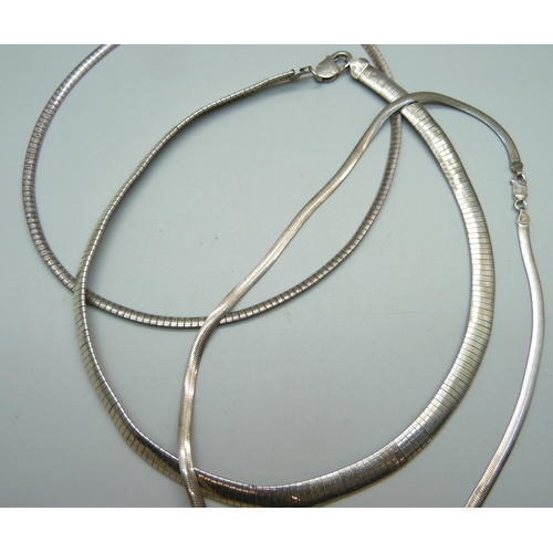 1012 - Three silver flat link snake chain necklaces, 55g