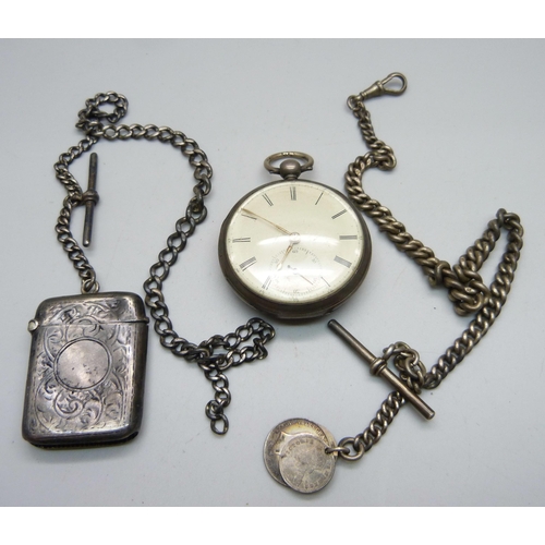 1024 - A silver fusee pocket watch with diamond end stone, a silver vesta case on a silver chain and a silv... 