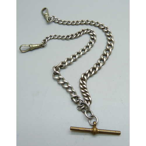 1042 - A silver Albert chain with base metal swivels and T-bar, total weight 36g