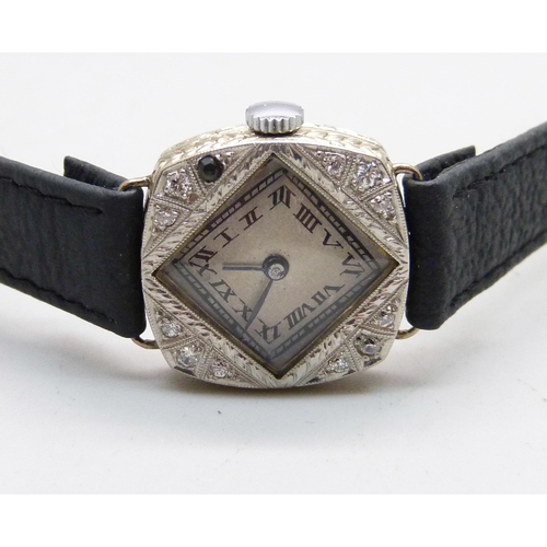 1052 - A lady's Art Deco, diamond set Laco cocktail wristwatch, set in white metal, 21mm case