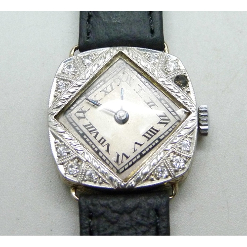 1052 - A lady's Art Deco, diamond set Laco cocktail wristwatch, set in white metal, 21mm case