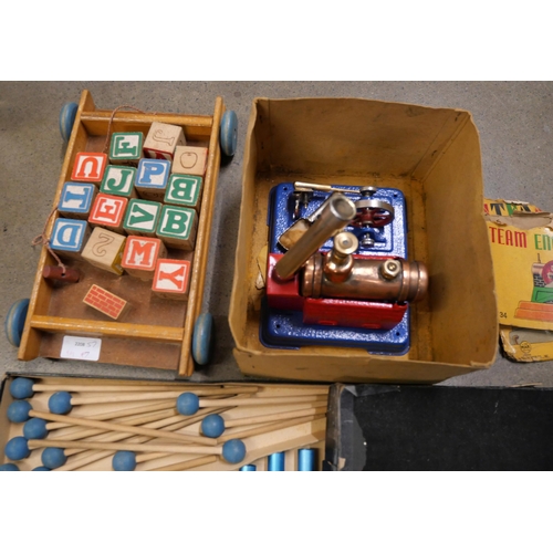 1096 - A Japanese Linemar Toys model steam engine, a Tri-ang wooden block pulley toy and a Boys Brigade Tub... 