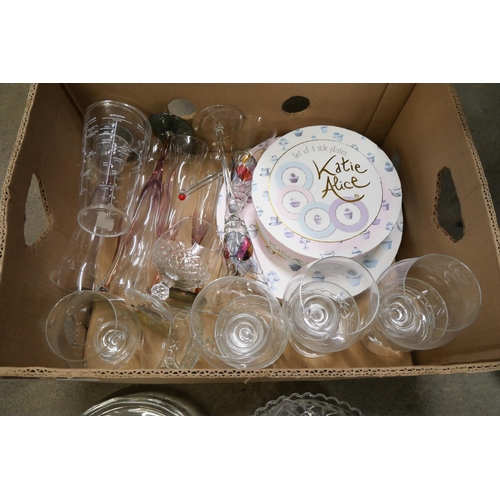 1111 - A Katie Alice two-tier cake stand, a set of four side plates, both boxed, six coloured glass champag... 