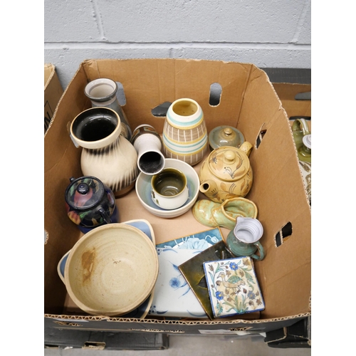 1122 - Two boxes of mixed studio pottery, tiles and stoneware **PLEASE NOTE THIS LOT IS NOT ELIGIBLE FOR PO... 