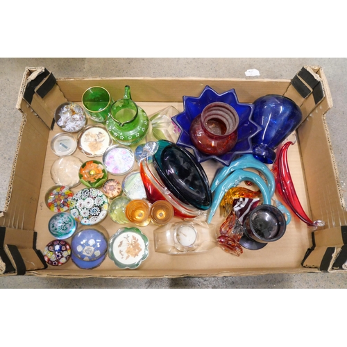 1138 - A box of mixed coloured glass; paperweights, animals, dishes and bowls **PLEASE NOTE THIS LOT IS NOT... 