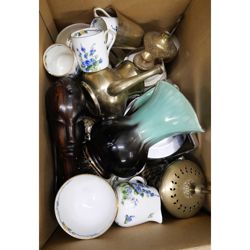 1150 - A box of mixed china including a coffee set, cups a/f, brassware, etc. **PLEASE NOTE THIS LOT IS NOT... 