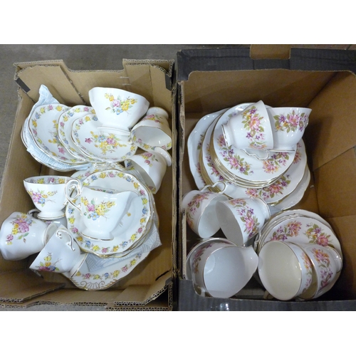 1154 - Two boxes of china including Foley, five trios, milk jug, sugar, cake plate, side plate and a Colclo... 