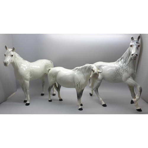 615 - Three Beswick dappled grey horses, one with chip to ear