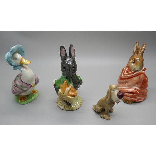 625 - Three Beswick figures, Little Black Rabbit, Jemima Puddleduck and Poorly Peter Rabbit and a Wade Dis... 