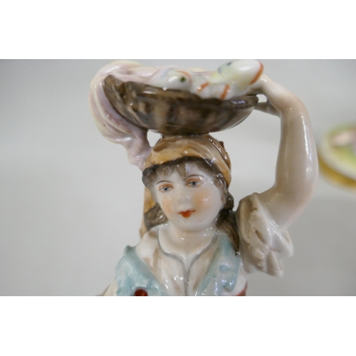 642 - A pair of German Volkstedt porcelain figurines, street sellers/entertainers, 15.5cm
