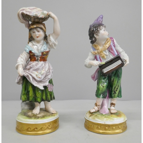 642 - A pair of German Volkstedt porcelain figurines, street sellers/entertainers, 15.5cm