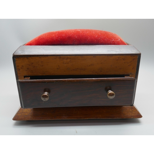 650 - A circa 1900 birds eye maple and rosewood sewing tidy/pin cushion, 18.5cm wide at the base
