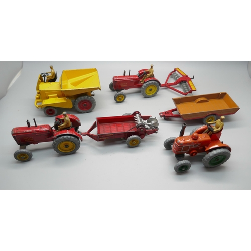 651 - Four Dinky Toys, Muir-Hill Dumper, Massey Harris Tractor and Muck Sprayer, Massey Harris Tractor and... 