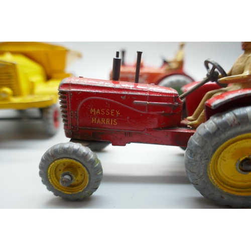 651 - Four Dinky Toys, Muir-Hill Dumper, Massey Harris Tractor and Muck Sprayer, Massey Harris Tractor and... 