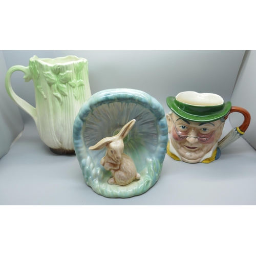664 - Sylvac pottery, a hare and toadstool vase, a Mr. Pickwick jug and a celery vase
