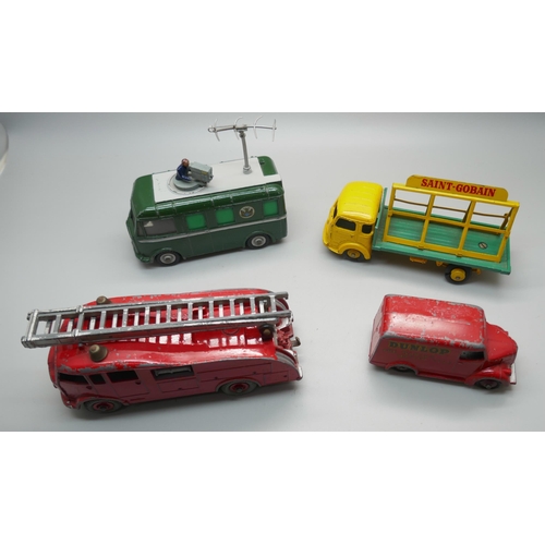 667 - Four Dinky Toys vehicles, 968 BBC Broadcast vehicle, Dunlop Trogen, Fire Engine and Simca