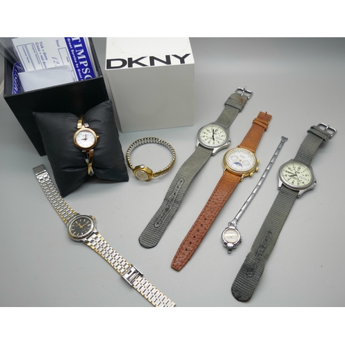 671 - Two Lorus Lumbrite watches, a lady's DKNY watch, Cadex manual wind and others