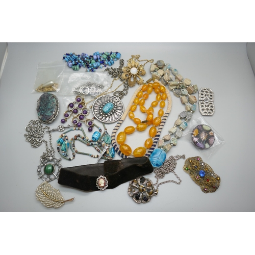 672 - Costume jewellery, brooches, necklaces, etc.