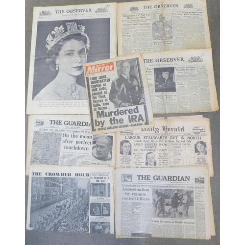 673 - A collection of original newspapers from 1930s to 50s covering historical events; Coronation, Moon l... 