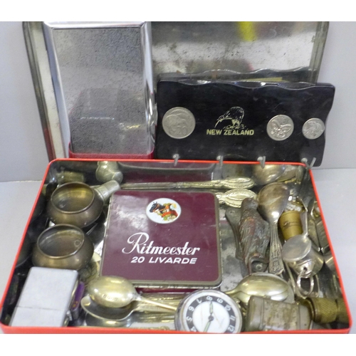 681 - Assorted metalwares, coins, salts, door knocker, whistle, Ingersoll pocket watch, etc.