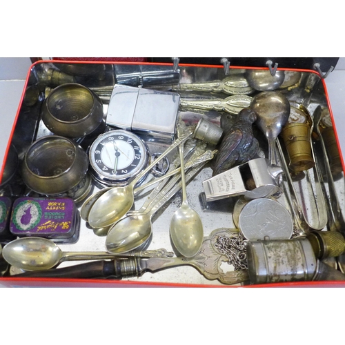 681 - Assorted metalwares, coins, salts, door knocker, whistle, Ingersoll pocket watch, etc.