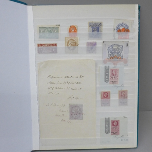 685 - Stamps; a stock book of GB and World Revenue stamps, including entire documents