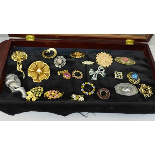 689 - Twenty-one brooches in a display case