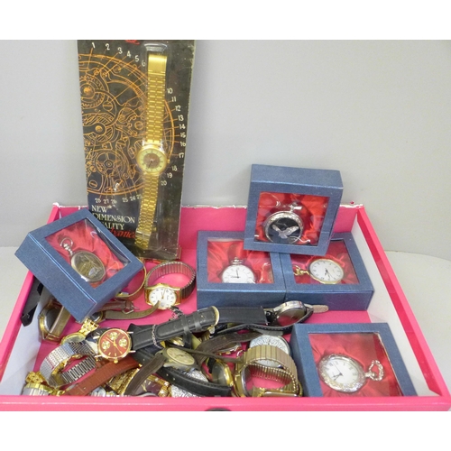 706 - A box of mixed vintage and modern wristwatches and pocket watches including five boxed quartz pocket... 