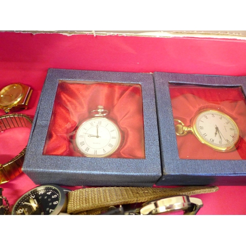 706 - A box of mixed vintage and modern wristwatches and pocket watches including five boxed quartz pocket... 