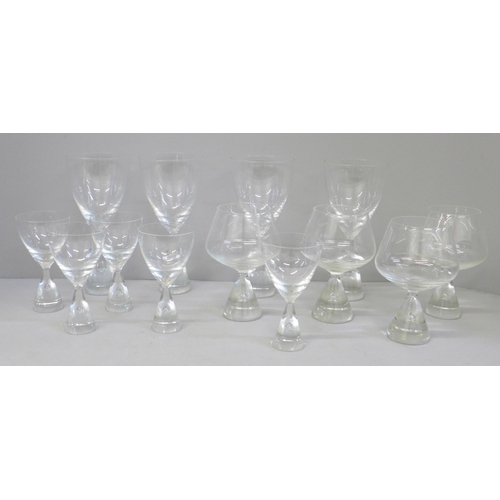 709 - Holmgaard teardrop glasses; four brandy, four wine and six sherry