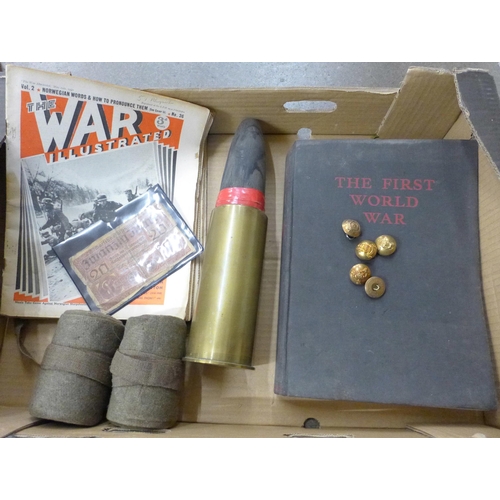 730 - WWI related items including The War Illustrated, five buttons, two putties, a book:- The First World... 