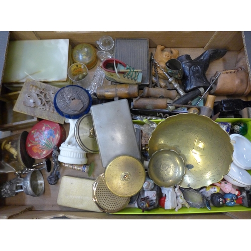 750 - Assorted items; corkscrews, trinket boxes, compacts, hole punch, spirit labels, compass, etc.