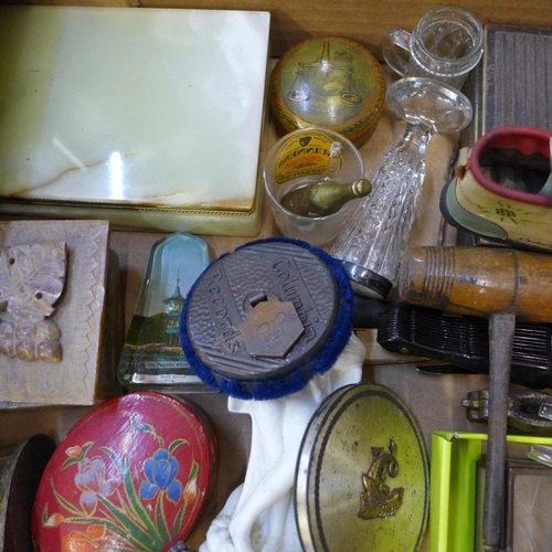 750 - Assorted items; corkscrews, trinket boxes, compacts, hole punch, spirit labels, compass, etc.