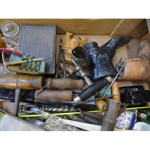 750 - Assorted items; corkscrews, trinket boxes, compacts, hole punch, spirit labels, compass, etc.