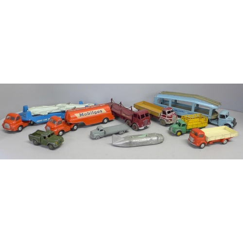 777 - Three Corgi Toys and seven Dinky Toys cars; Mobilgas Truck, Dinky Toys Delivery Service, Dodge, Army... 