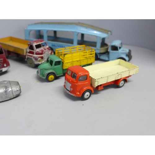 777 - Three Corgi Toys and seven Dinky Toys cars; Mobilgas Truck, Dinky Toys Delivery Service, Dodge, Army... 