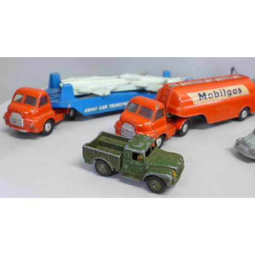 777 - Three Corgi Toys and seven Dinky Toys cars; Mobilgas Truck, Dinky Toys Delivery Service, Dodge, Army... 