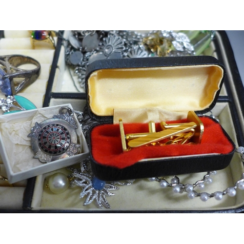 780 - A jewellery box with a quantity of costume jewellery, darts pendant, bracelet, brooches, etc.