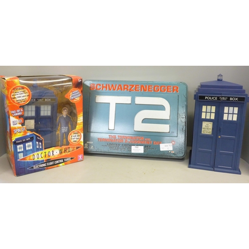 792 - The Terminator T2 limited edition box set and two Dr. Who Tardis, one boxed