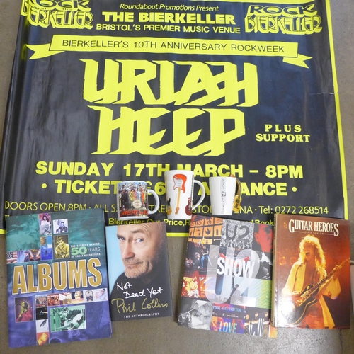 808 - Music memorabilia; a box of music posters and books including concert poster for Uriah Heep at Brist... 