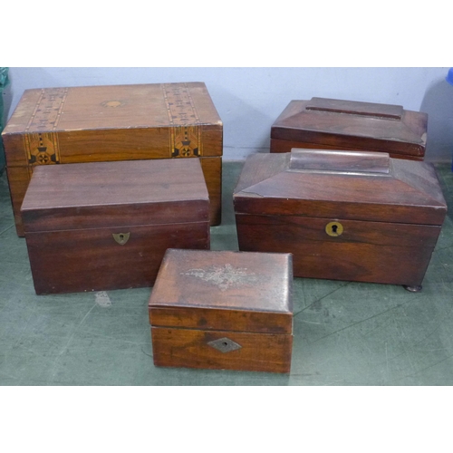 811 - Three Georgian tea caddies, wooden box and an inlaid wooden work box