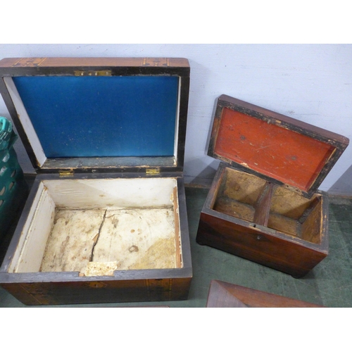 811 - Three Georgian tea caddies, wooden box and an inlaid wooden work box