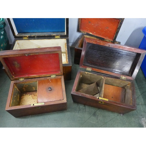 811 - Three Georgian tea caddies, wooden box and an inlaid wooden work box