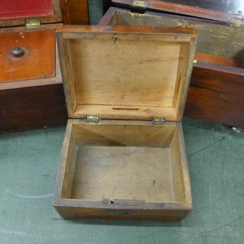 811 - Three Georgian tea caddies, wooden box and an inlaid wooden work box