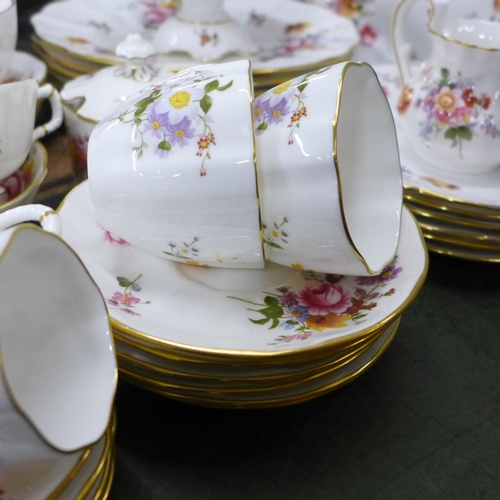 812 - Fifty-five pieces of Crown Derby Derby Posies, a full set of soup bowls and saucers, six teacups, fi... 